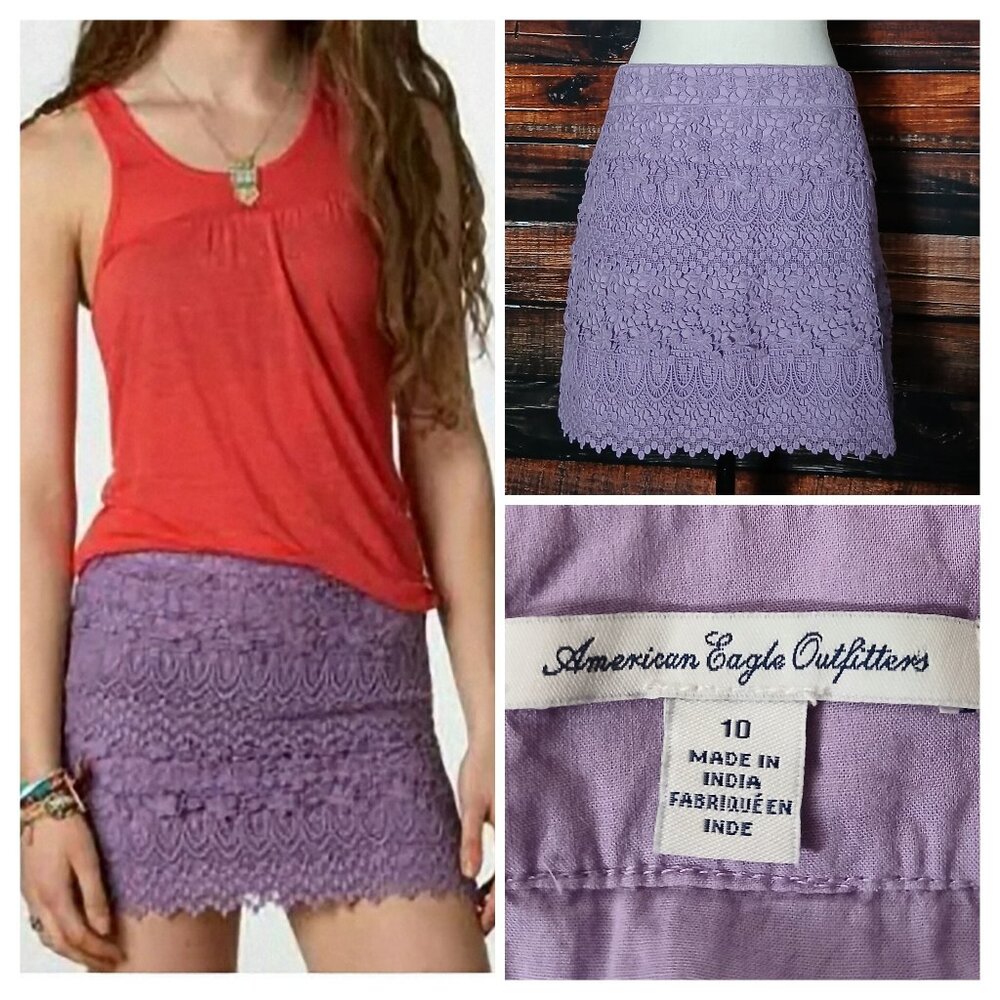 American Eagle Mini Skirt Size 10 Lavender Purple Crochet Tiered Lace Zip Back